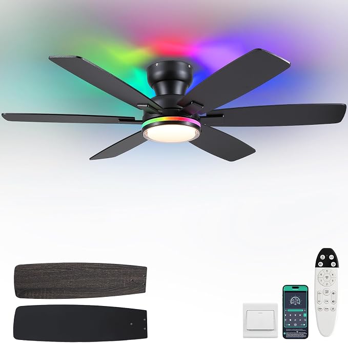 52" Ceiling Fans with RGB Lights, Low Profile Ceiling Fan with Remote/APP Control, Flush Mount, Double-Sided 6 Reversible