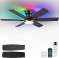 52" Ceiling Fans with RGB Lights, Low Profile Ceiling Fan with Remote/APP Control, Flush Mount, Double-Sided 6 Reversible