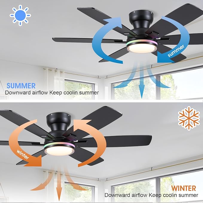 52" Ceiling Fans with RGB Lights, Low Profile Ceiling Fan with Remote/APP Control, Flush Mount, Double-Sided 6 Reversible