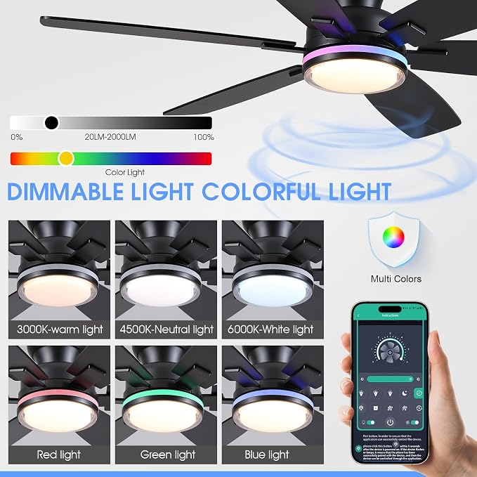 52" Ceiling Fans with RGB Lights, Low Profile Ceiling Fan with Remote/APP Control, Flush Mount, Double-Sided 6 Reversible