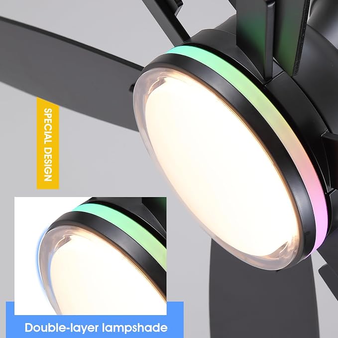 52" Ceiling Fans with RGB Lights, Low Profile Ceiling Fan with Remote/APP Control, Flush Mount, Double-Sided 6 Reversible