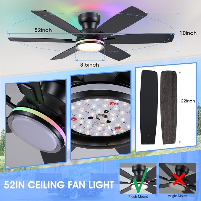 52" Ceiling Fans with RGB Lights, Low Profile Ceiling Fan with Remote/APP Control, Flush Mount, Double-Sided 6 Reversible