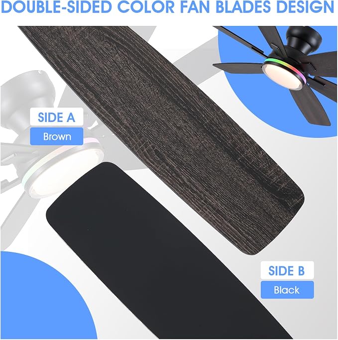 52" Ceiling Fans with RGB Lights, Low Profile Ceiling Fan with Remote/APP Control, Flush Mount, Double-Sided 6 Reversible