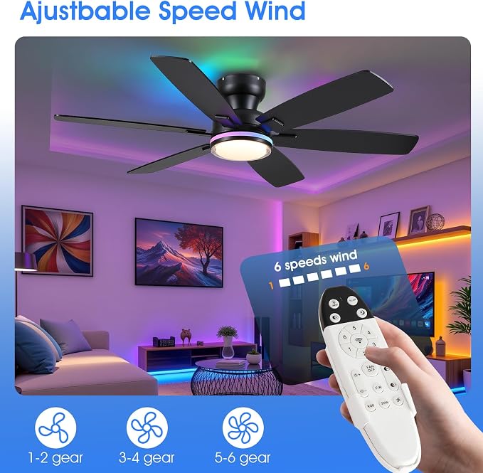52" Ceiling Fans with RGB Lights, Low Profile Ceiling Fan with Remote/APP Control, Flush Mount, Double-Sided 6 Reversible