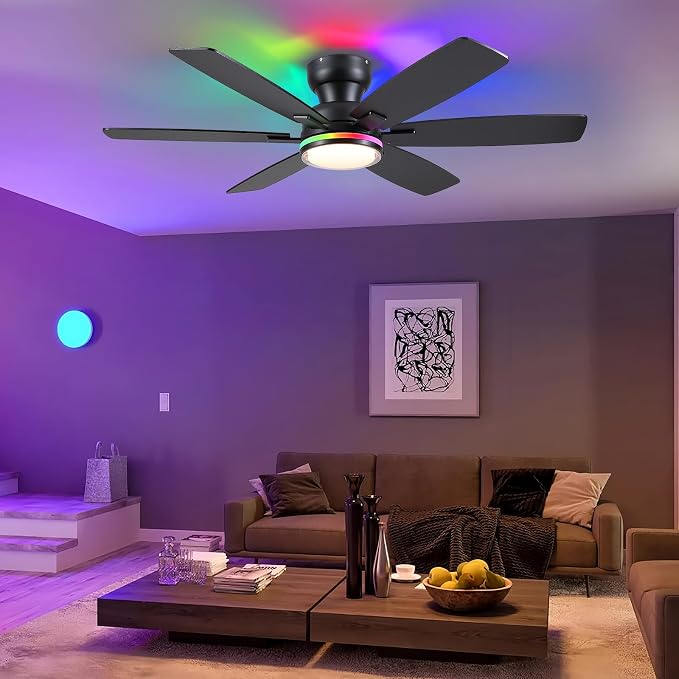 52" Ceiling Fans with RGB Lights, Low Profile Ceiling Fan with Remote/APP Control, Flush Mount, Double-Sided 6 Reversible