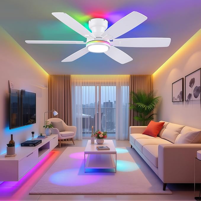 52" Ceiling Fans with RGB Lights, Low Profile Ceiling Fan with Remote/APP Control, Flush Mount, Double-Sided 6 Reversible