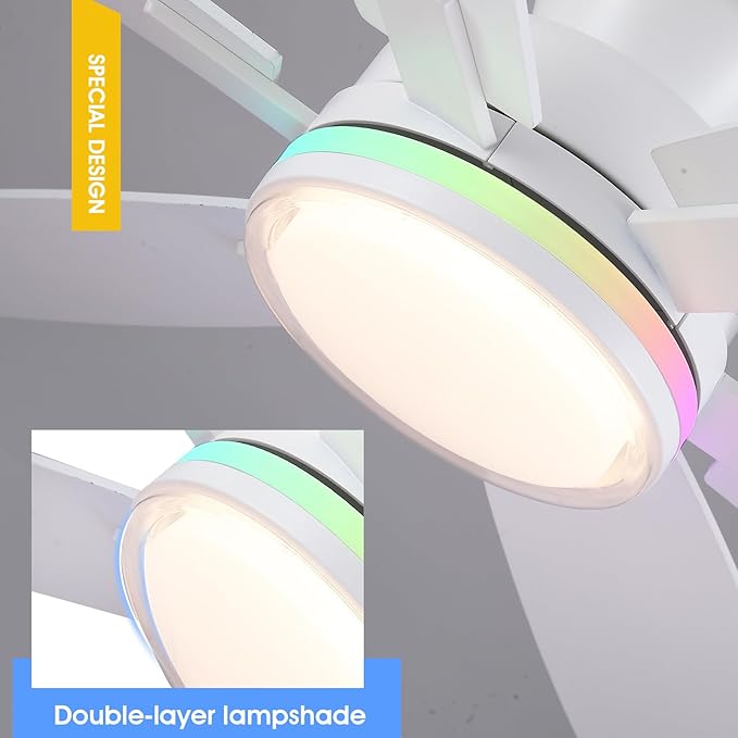 52" Ceiling Fans with RGB Lights, Low Profile Ceiling Fan with Remote/APP Control, Flush Mount, Double-Sided 6 Reversible