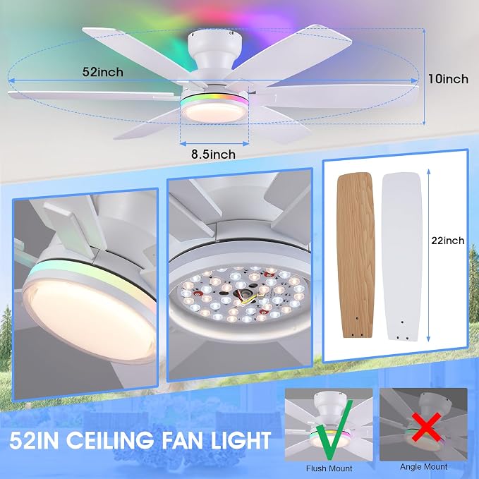 52" Ceiling Fans with RGB Lights, Low Profile Ceiling Fan with Remote/APP Control, Flush Mount, Double-Sided 6 Reversible