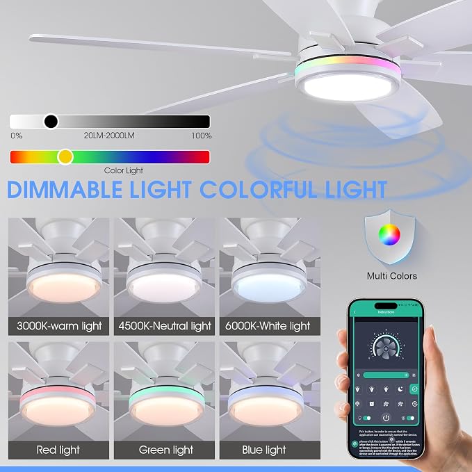52" Ceiling Fans with RGB Lights, Low Profile Ceiling Fan with Remote/APP Control, Flush Mount, Double-Sided 6 Reversible