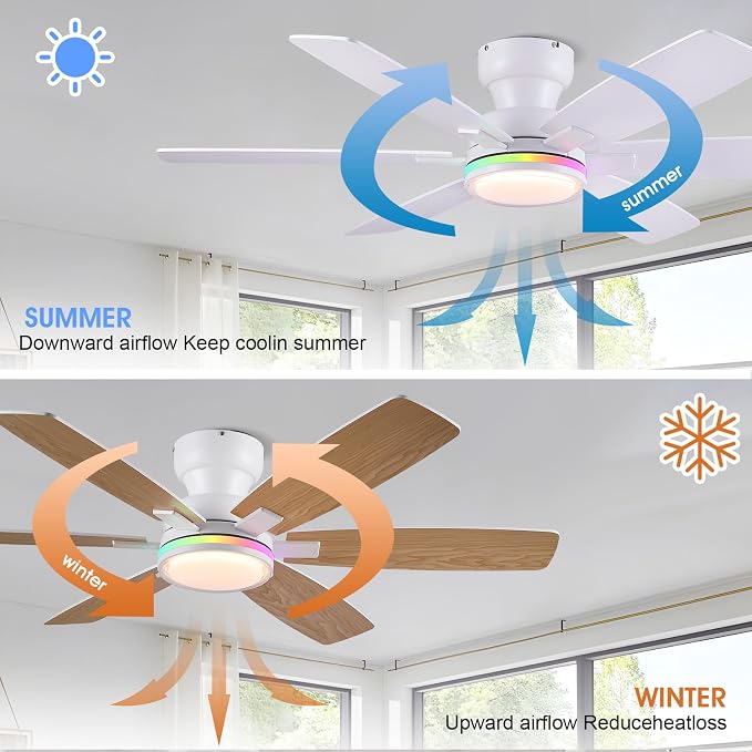 52" Ceiling Fans with RGB Lights, Low Profile Ceiling Fan with Remote/APP Control, Flush Mount, Double-Sided 6 Reversible