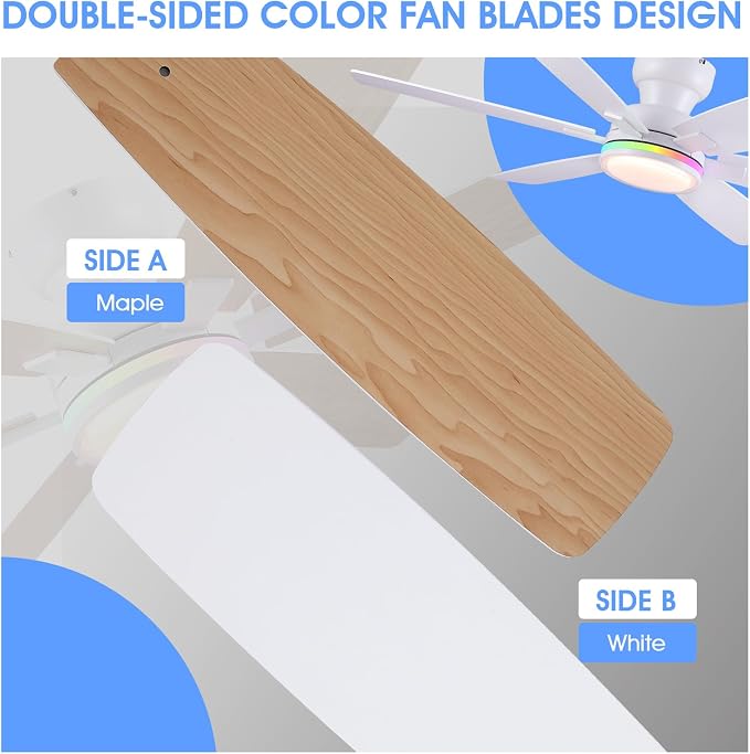 52" Ceiling Fans with RGB Lights, Low Profile Ceiling Fan with Remote/APP Control, Flush Mount, Double-Sided 6 Reversible