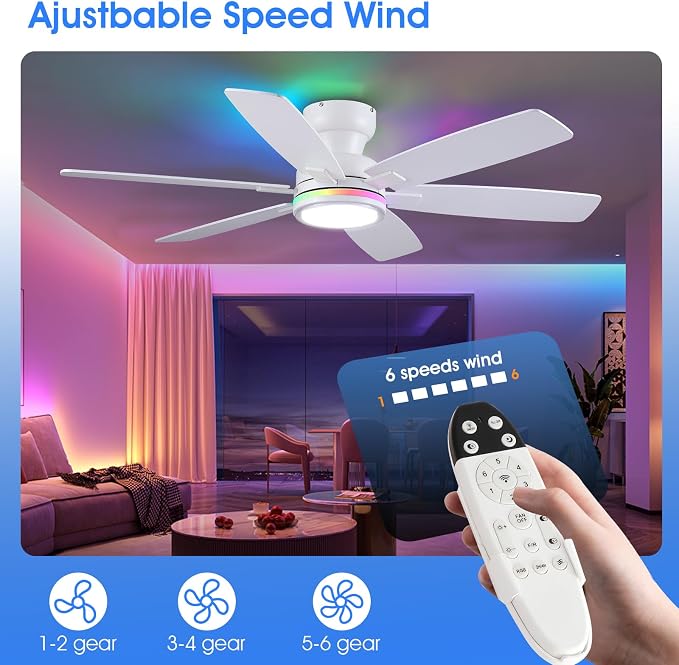 52" Ceiling Fans with RGB Lights, Low Profile Ceiling Fan with Remote/APP Control, Flush Mount, Double-Sided 6 Reversible