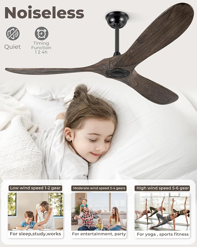 52" Ceiling Fans Without Light, Solid Wood Ceiling Fan with Remote Control and DC Motor, No Light, Modern Ceiling Fan with 3