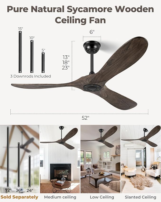 52" Ceiling Fans Without Light, Solid Wood Ceiling Fan with Remote Control and DC Motor, No Light, Modern Ceiling Fan with 3