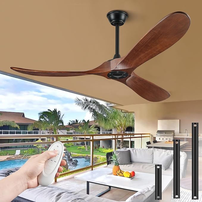 52" Ceiling Fans Without Lights, Solid Wood Ceiling Fan with Remote Control and DC Motor, Ceiling Fan no Light with 3 Blades