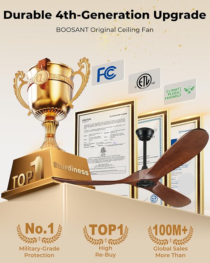 52" Ceiling Fans Without Lights, Solid Wood Ceiling Fan with Remote Control and DC Motor, Ceiling Fan no Light with 3 Blades