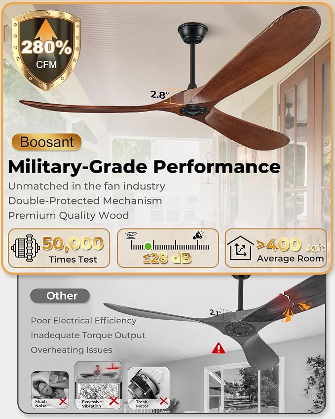 52" Ceiling Fans Without Lights, Solid Wood Ceiling Fan with Remote Control and DC Motor, Ceiling Fan no Light with 3 Blades