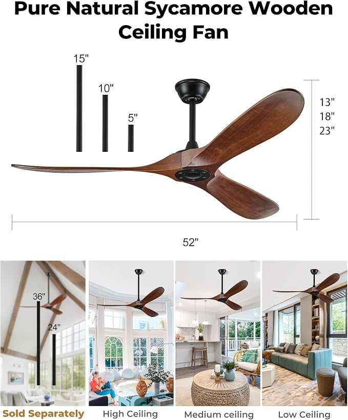 52" Ceiling Fans Without Lights, Solid Wood Ceiling Fan with Remote Control and DC Motor, Ceiling Fan no Light with 3 Blades