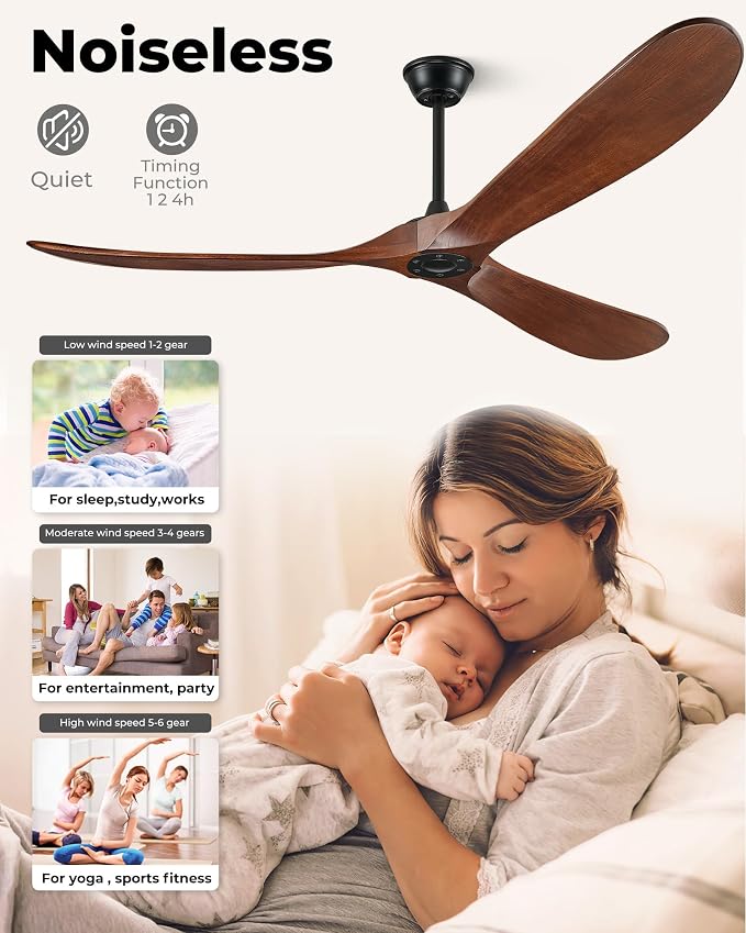 52" Ceiling Fans Without Lights, Solid Wood Ceiling Fan with Remote Control and DC Motor, Ceiling Fan no Light with 3 Blades