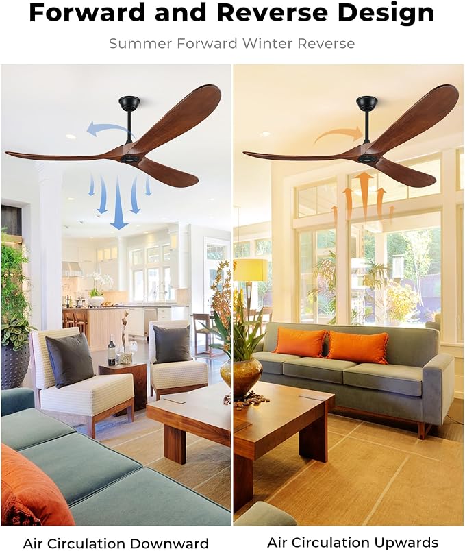 52" Ceiling Fans Without Lights, Solid Wood Ceiling Fan with Remote Control and DC Motor, Ceiling Fan no Light with 3 Blades