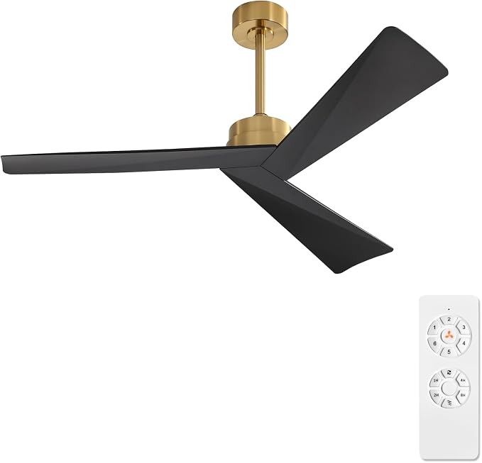 52" DC Ceiling Fan without Lights, Brass and Black Ceiling Fan with Remote, 3 ABS Plastic Blades, 6 Speed Reversible DC