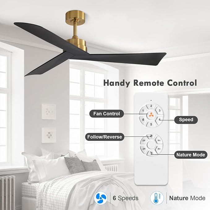 52" DC Ceiling Fan without Lights, Brass and Black Ceiling Fan with Remote, 3 ABS Plastic Blades, 6 Speed Reversible DC