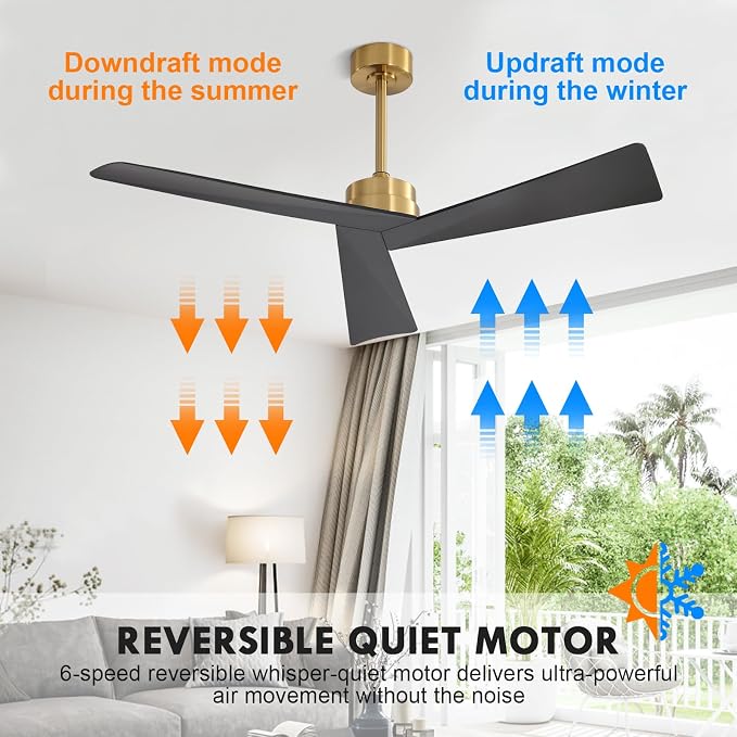 52" DC Ceiling Fan without Lights, Brass and Black Ceiling Fan with Remote, 3 ABS Plastic Blades, 6 Speed Reversible DC