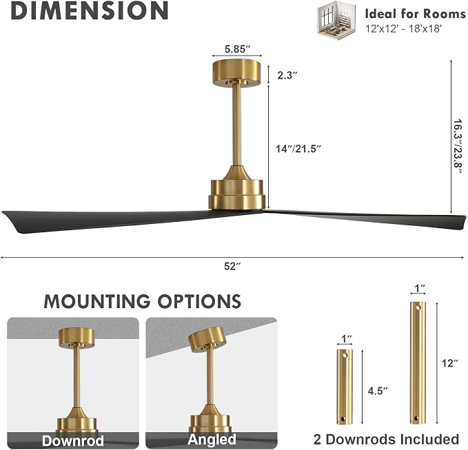 52" DC Ceiling Fan without Lights, Brass and Black Ceiling Fan with Remote, 3 ABS Plastic Blades, 6 Speed Reversible DC
