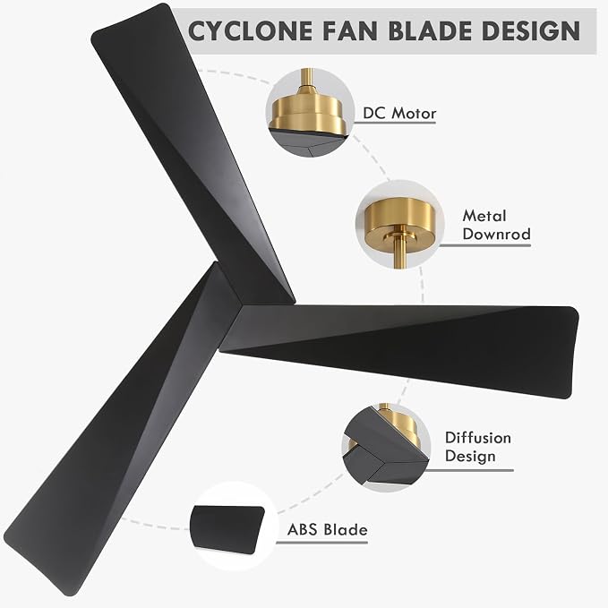 52" DC Ceiling Fan without Lights, Brass and Black Ceiling Fan with Remote, 3 ABS Plastic Blades, 6 Speed Reversible DC