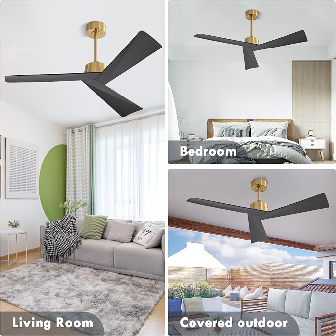 52" DC Ceiling Fan without Lights, Brass and Black Ceiling Fan with Remote, 3 ABS Plastic Blades, 6 Speed Reversible DC