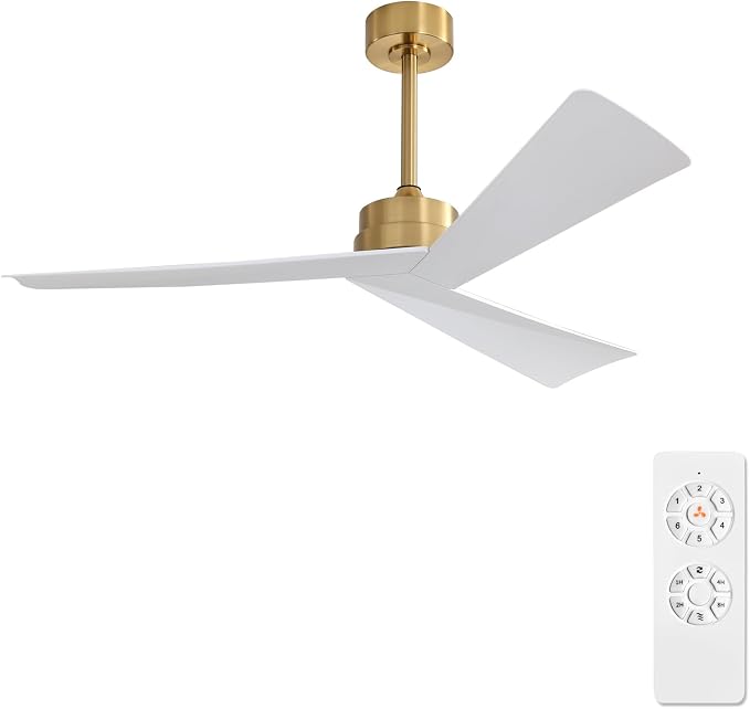 52" DC Ceiling Fan without Lights, Brass and White Ceiling Fan with Remote, 3 ABS Plastic Blades, 6 Speed Reversible DC