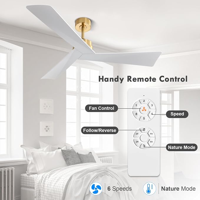 52" DC Ceiling Fan without Lights, Brass and White Ceiling Fan with Remote, 3 ABS Plastic Blades, 6 Speed Reversible DC