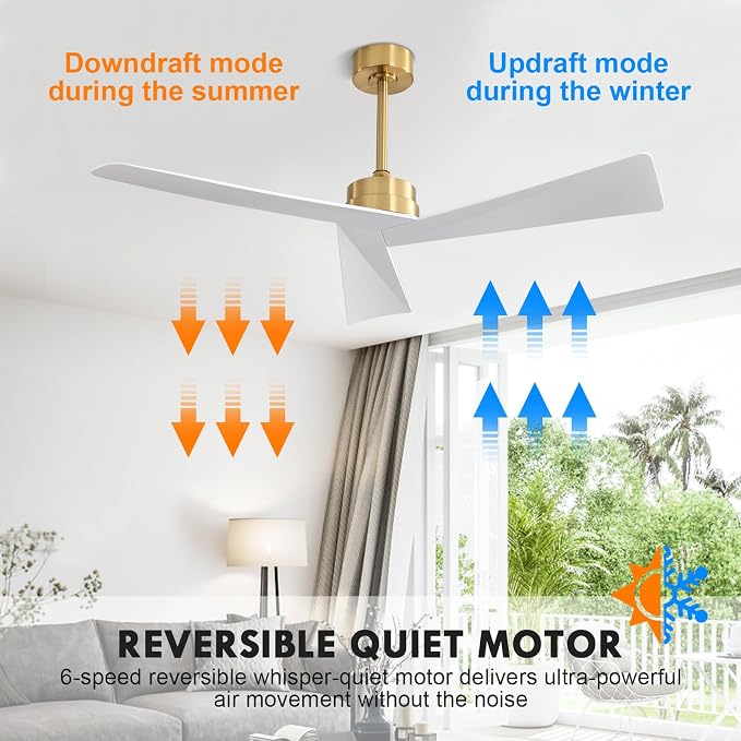 52" DC Ceiling Fan without Lights, Brass and White Ceiling Fan with Remote, 3 ABS Plastic Blades, 6 Speed Reversible DC