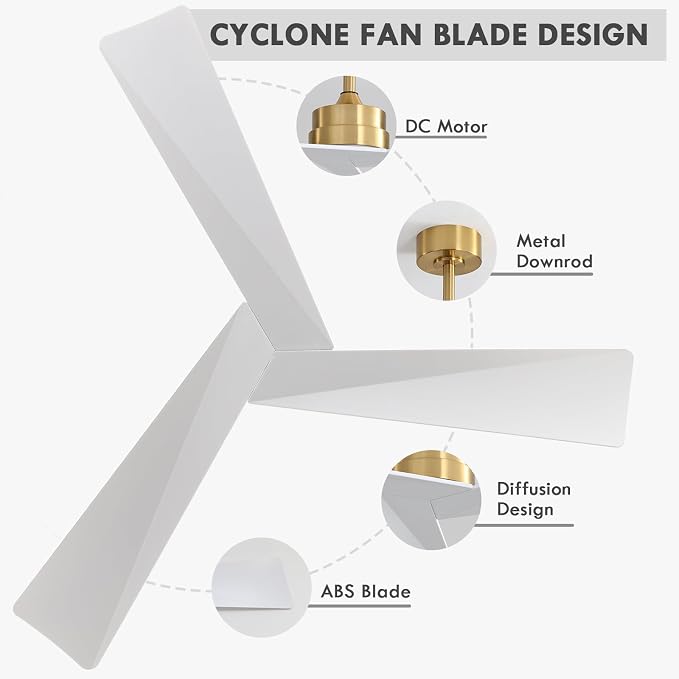 52" DC Ceiling Fan without Lights, Brass and White Ceiling Fan with Remote, 3 ABS Plastic Blades, 6 Speed Reversible DC