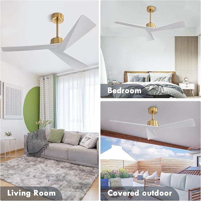 52" DC Ceiling Fan without Lights, Brass and White Ceiling Fan with Remote, 3 ABS Plastic Blades, 6 Speed Reversible DC