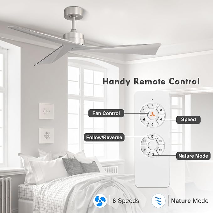 52" DC Ceiling Fan without Lights, Bruhsed Nickel Ceiling Fan with Remote, 3 ABS Plastic Blades, 6 Speed Reversible DC Motor