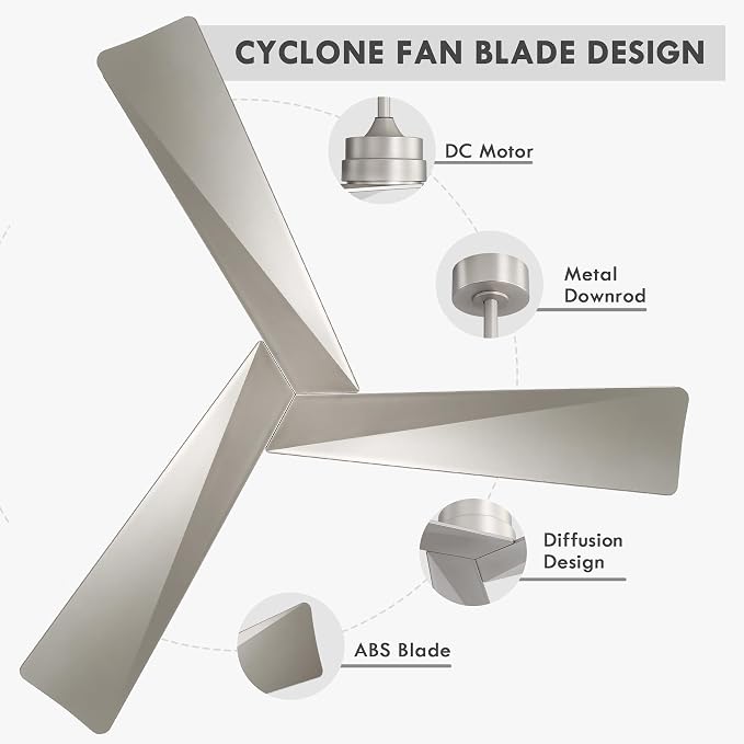 52" DC Ceiling Fan without Lights, Bruhsed Nickel Ceiling Fan with Remote, 3 ABS Plastic Blades, 6 Speed Reversible DC Motor