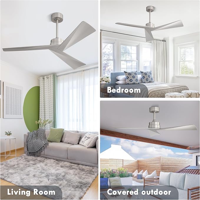 52" DC Ceiling Fan without Lights, Bruhsed Nickel Ceiling Fan with Remote, 3 ABS Plastic Blades, 6 Speed Reversible DC Motor