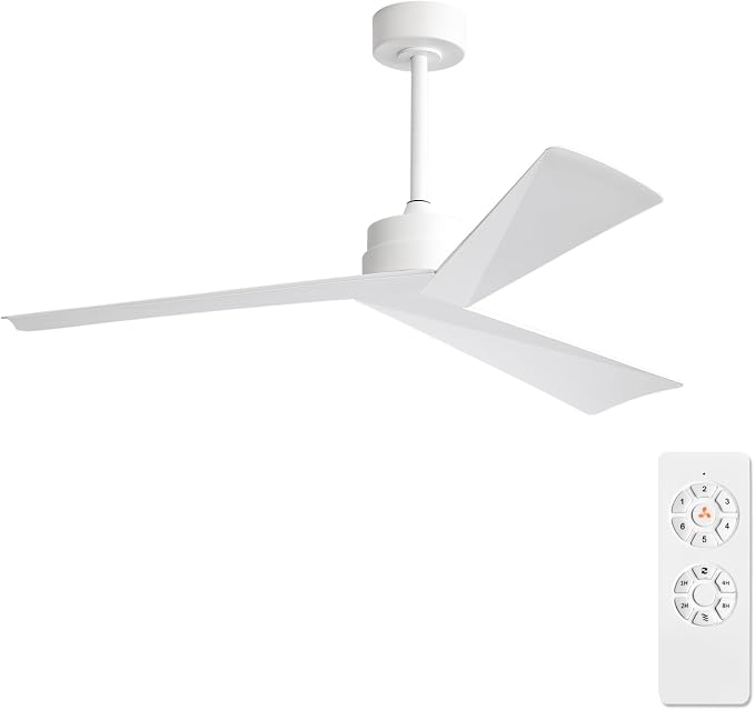 52" DC Ceiling Fan without Lights, White Ceiling Fan with Remote, 3 ABS Plastic Blades, 6 Speed Reversible DC Motor, Ceiling