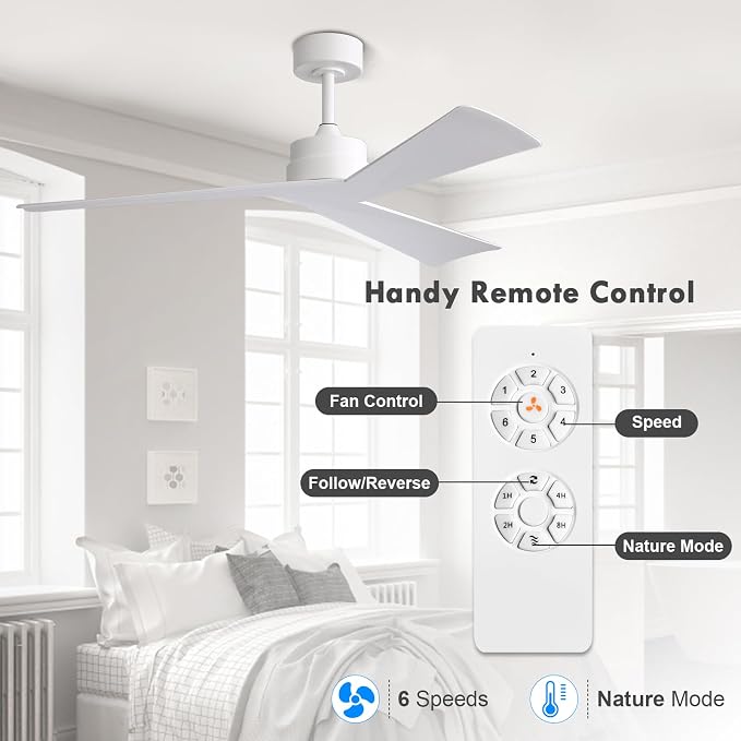 52" DC Ceiling Fan without Lights, White Ceiling Fan with Remote, 3 ABS Plastic Blades, 6 Speed Reversible DC Motor, Ceiling