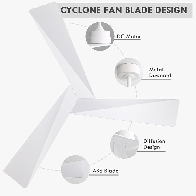 52" DC Ceiling Fan without Lights, White Ceiling Fan with Remote, 3 ABS Plastic Blades, 6 Speed Reversible DC Motor, Ceiling