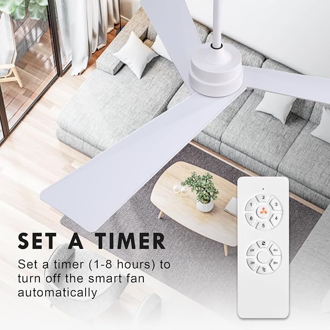 52" DC Ceiling Fan without Lights, White Ceiling Fan with Remote, 3 ABS Plastic Blades, 6 Speed Reversible DC Motor, Ceiling