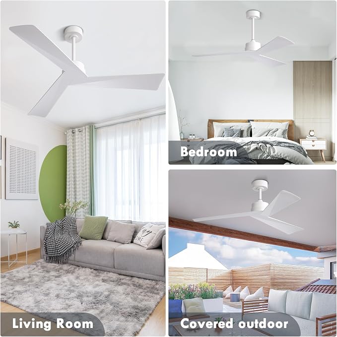 52" DC Ceiling Fan without Lights, White Ceiling Fan with Remote, 3 ABS Plastic Blades, 6 Speed Reversible DC Motor, Ceiling