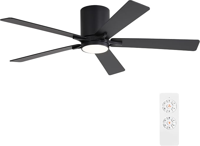 52" DC Flush Mount Ceiling Fan with Lights, 6-Speed Reversible DC Motor, 3CCT, Low Profile Hugger Ceiling Fan for Living Room