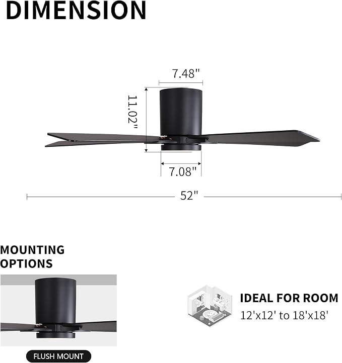 52" DC Flush Mount Ceiling Fan with Lights, 6-Speed Reversible DC Motor, 3CCT, Low Profile Hugger Ceiling Fan for Living Room