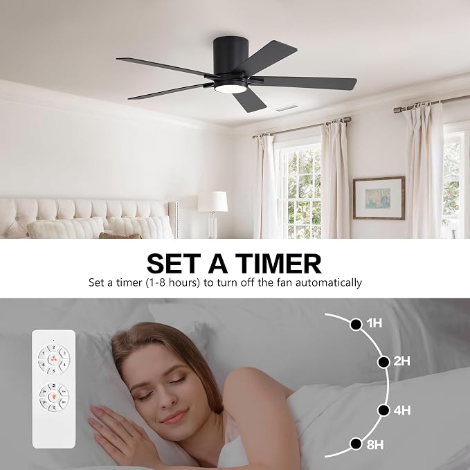52" DC Flush Mount Ceiling Fan with Lights, 6-Speed Reversible DC Motor, 3CCT, Low Profile Hugger Ceiling Fan for Living Room