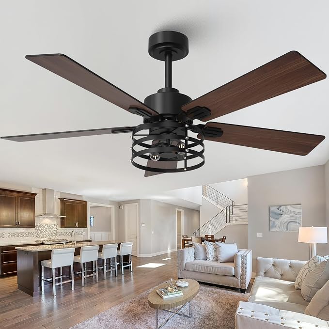 52" Farmhouse Ceiling Fans with Lights and Remote, Outdoor Ceiling Fan Dual Finish 5 Blades 6-Speed Quiet and Reversible DC