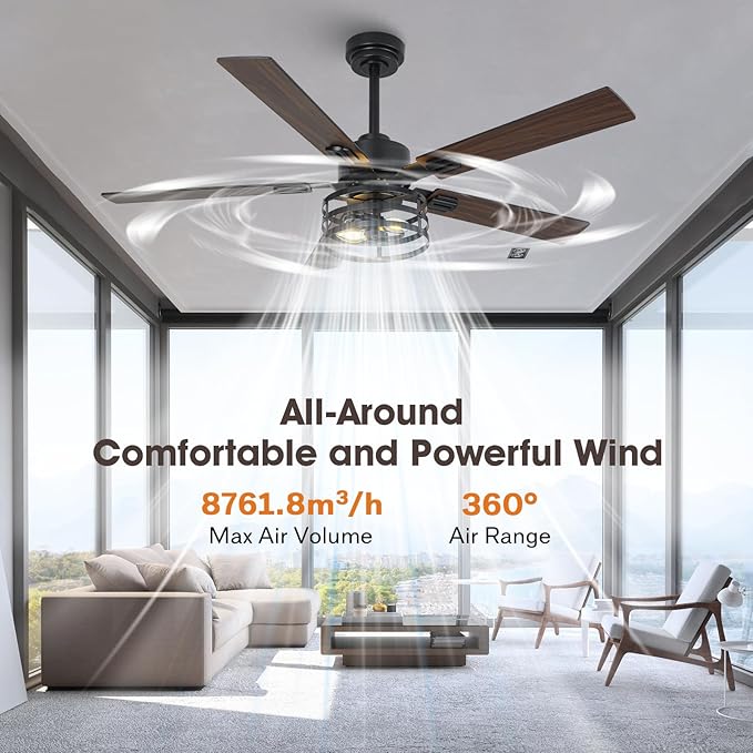 52" Farmhouse Ceiling Fans with Lights and Remote, Outdoor Ceiling Fan Dual Finish 5 Blades 6-Speed Quiet and Reversible DC