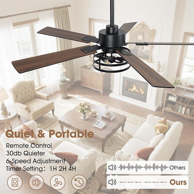 52" Farmhouse Ceiling Fans with Lights and Remote, Outdoor Ceiling Fan Dual Finish 5 Blades 6-Speed Quiet and Reversible DC