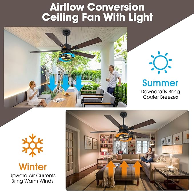 52" Farmhouse Ceiling Fans with Lights and Remote, Outdoor Ceiling Fan Dual Finish 5 Blades 6-Speed Quiet and Reversible DC